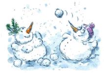 Weihnachten-Neujahr  Druckgrafik  Kaltnadel  / Aquarell  Titel : Schneeballspiel  -  zum vergrern auf die Grafik klicken