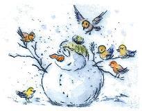 Weihnachten-Neujahr  Druckgrafik  Kaltnadel  / Aquarell  Titel : Schneemann mit Vgeln  -  zum vergrern auf die Grafik klicken